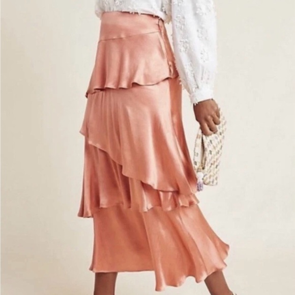 NWT $130 Anthropologie Maeve Cassia Rust Tiered ruffle Midi Skirt Orange Satin 2 - Picture 2 of 8